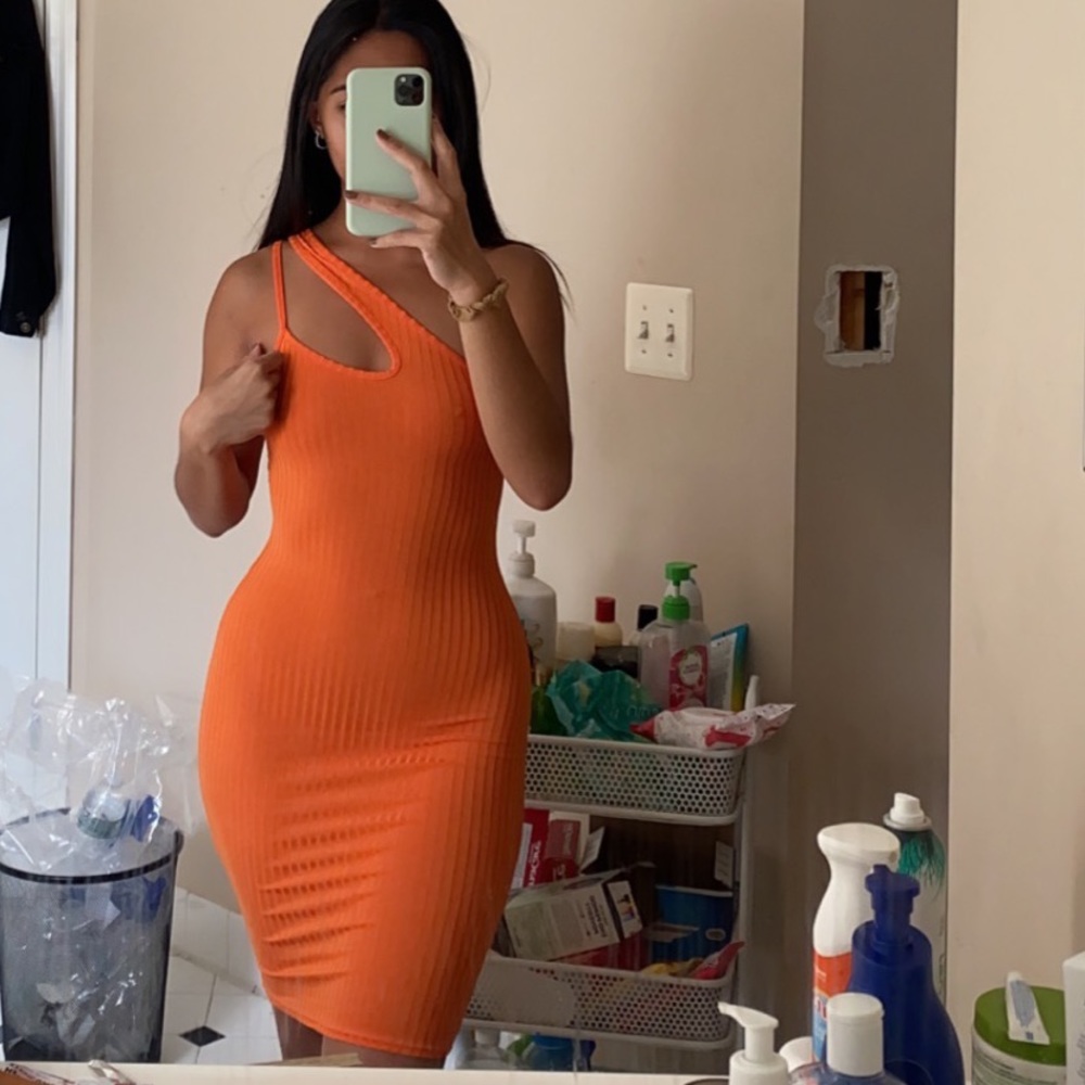Bright Orange Asymmetric Strap Detail Dress